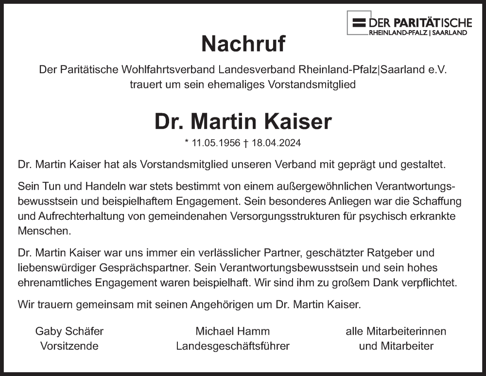  Traueranzeige für Martin Kaiser vom 27.04.2024 aus saarbruecker_zeitung