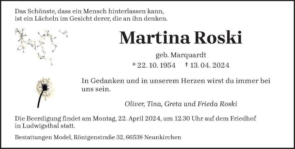  Traueranzeige für Martina Roski vom 20.04.2024 aus saarbruecker_zeitung