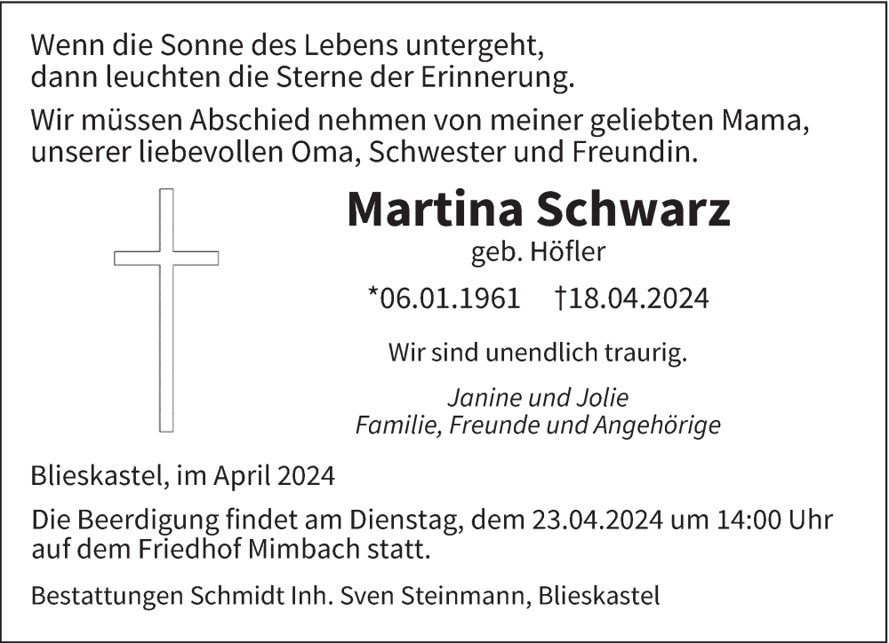  Traueranzeige für Martina Schwarz vom 20.04.2024 aus saarbruecker_zeitung
