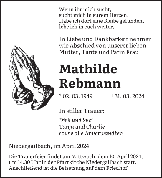 Traueranzeige von Mathilde Rebmann von saarbruecker_zeitung