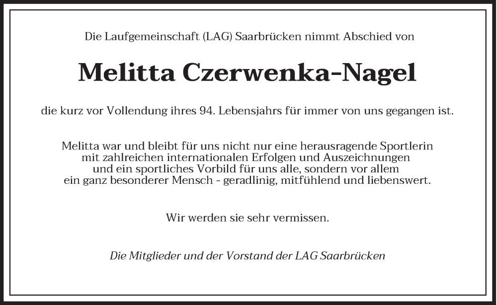  Traueranzeige für Melitta Czerwenka-Nagel vom 20.04.2024 aus saarbruecker_zeitung