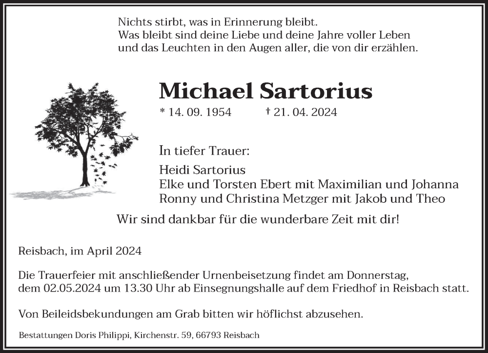  Traueranzeige für Michael Sartorius vom 27.04.2024 aus saarbruecker_zeitung