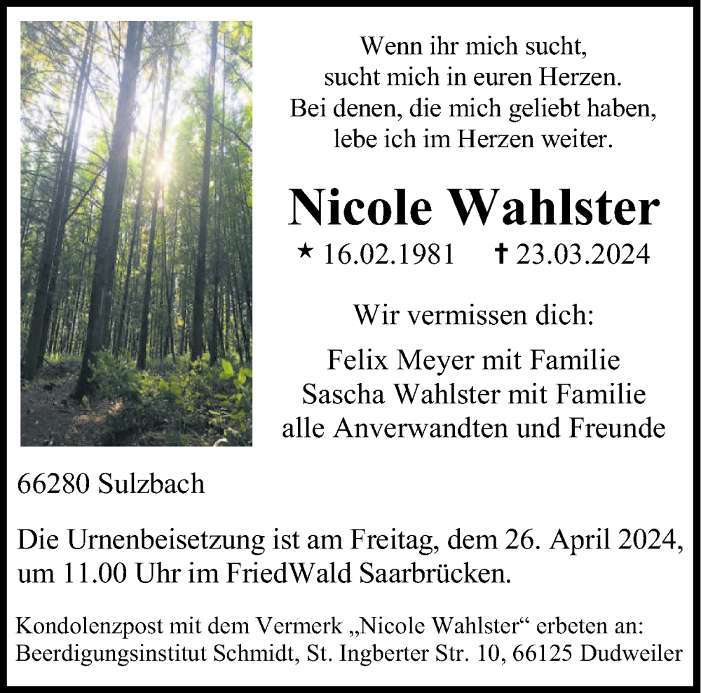  Traueranzeige für Nicole Wahlster vom 13.04.2024 aus saarbruecker_zeitung