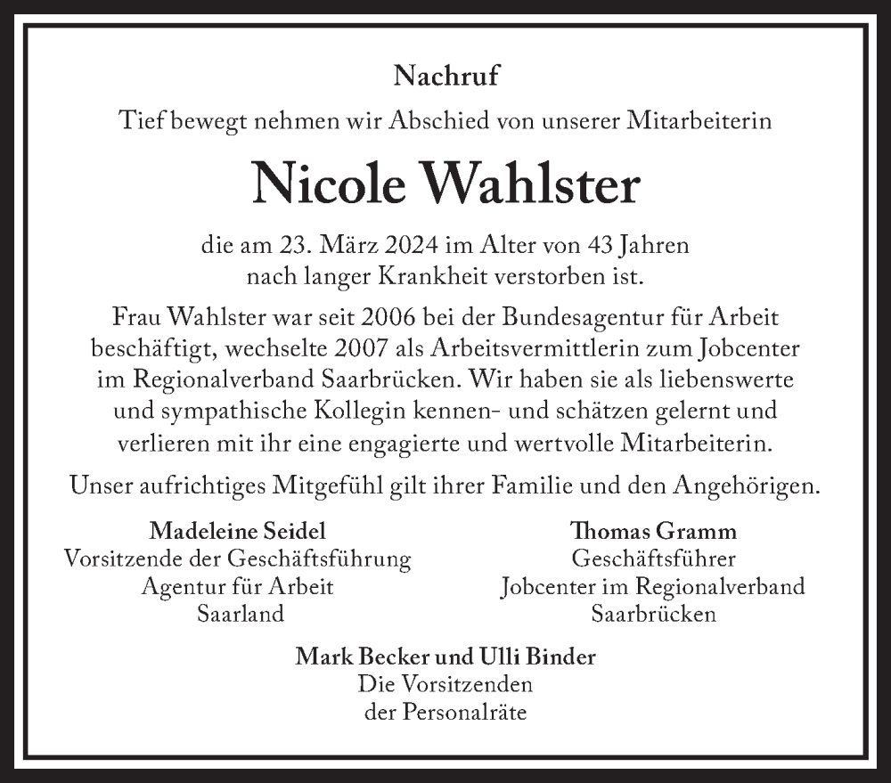  Traueranzeige für Nicole Wahlster vom 15.04.2024 aus saarbruecker_zeitung