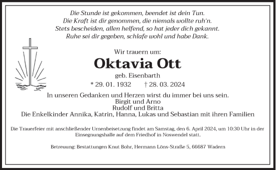 Traueranzeige von Oktavia Ott von saarbruecker_zeitung