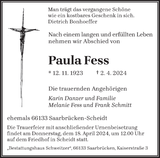 Traueranzeige von Paula Fess von saarbruecker_zeitung