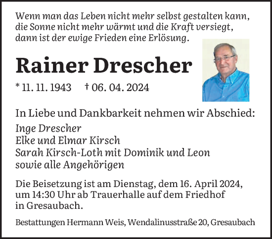 Traueranzeige von Rainer Drescher von saarbruecker_zeitung