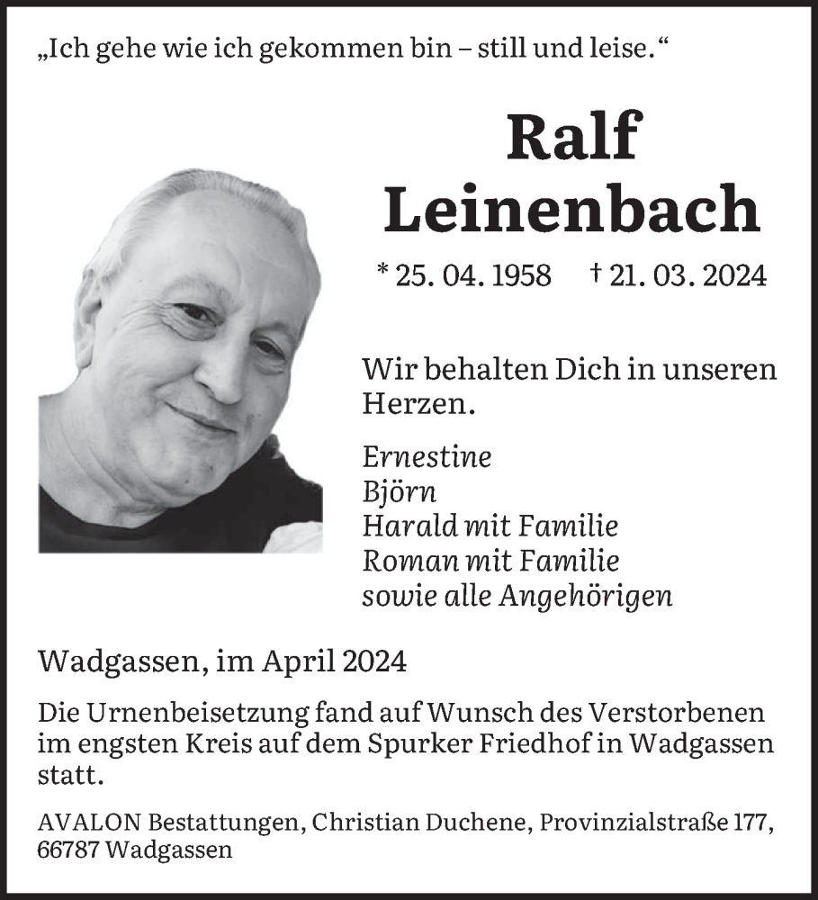  Traueranzeige für Ralf Leinenbach vom 06.04.2024 aus saarbruecker_zeitung