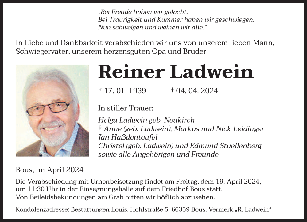  Traueranzeige für Reiner Ladwein vom 13.04.2024 aus saarbruecker_zeitung