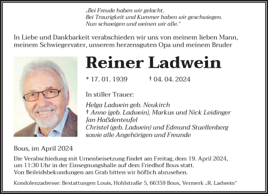 Traueranzeige von Reiner Ladwein von saarbruecker_zeitung