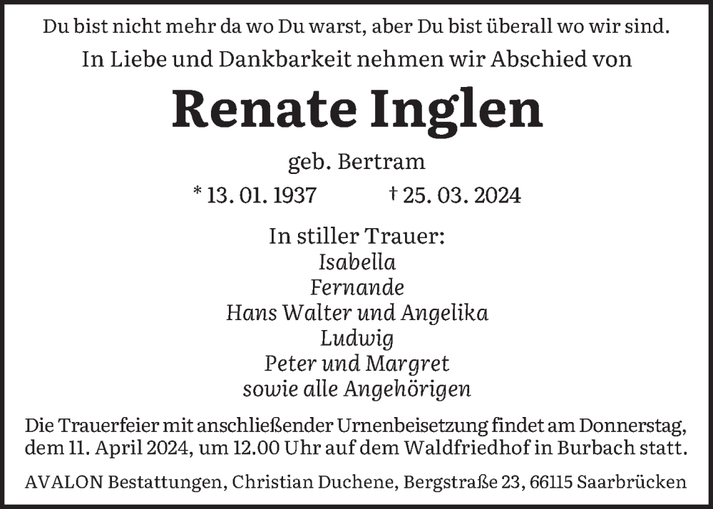  Traueranzeige für Renate Inglen vom 06.04.2024 aus saarbruecker_zeitung