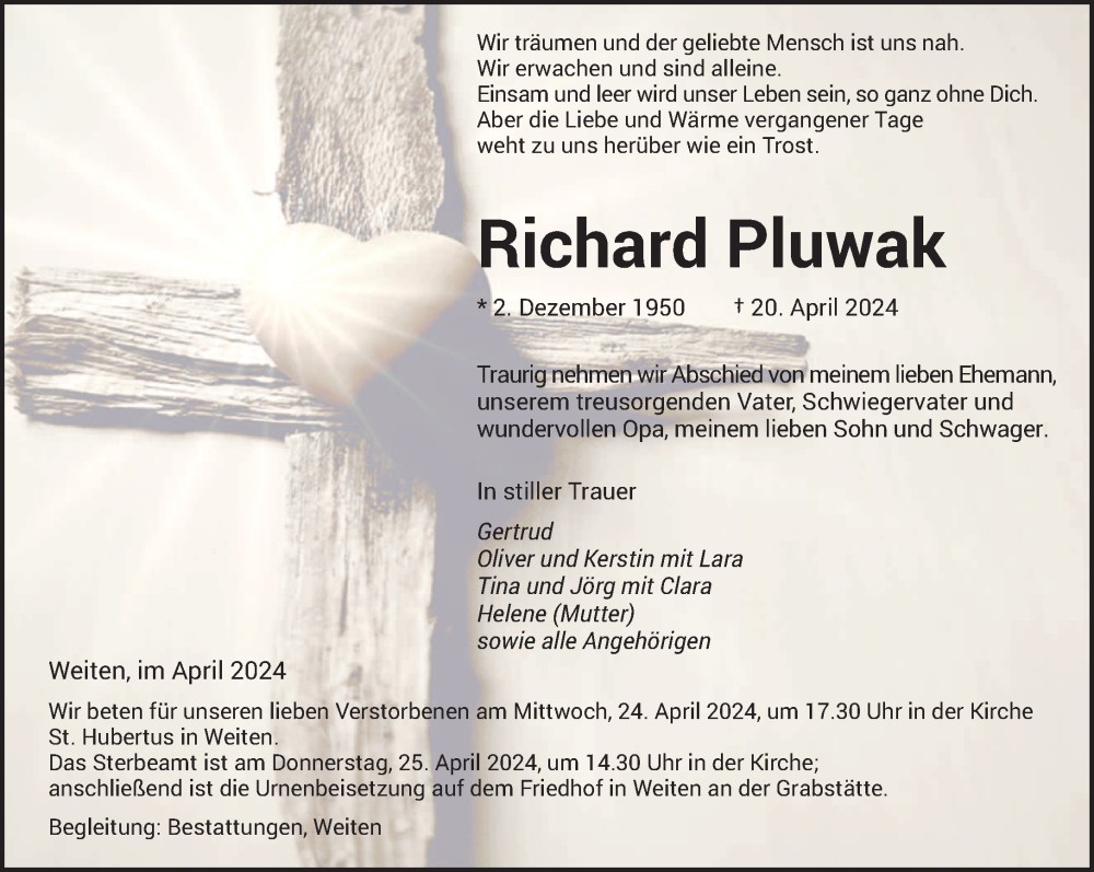  Traueranzeige für Richard Pluwak vom 23.04.2024 aus saarbruecker_zeitung