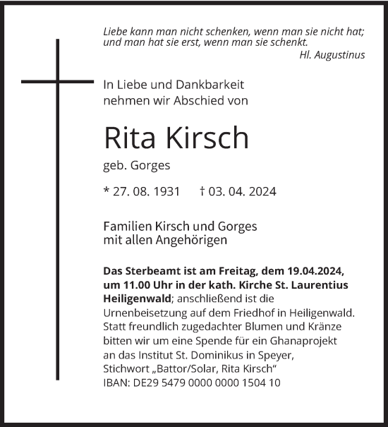 Traueranzeige von Rita Kirsch von saarbruecker_zeitung