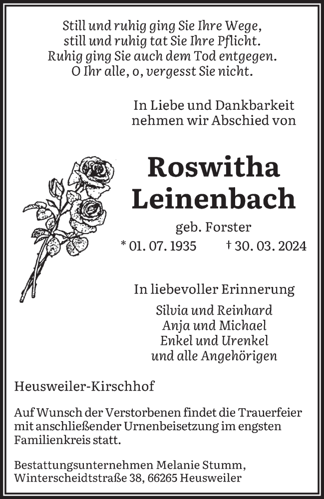  Traueranzeige für Roswitha Leinenbach vom 06.04.2024 aus saarbruecker_zeitung