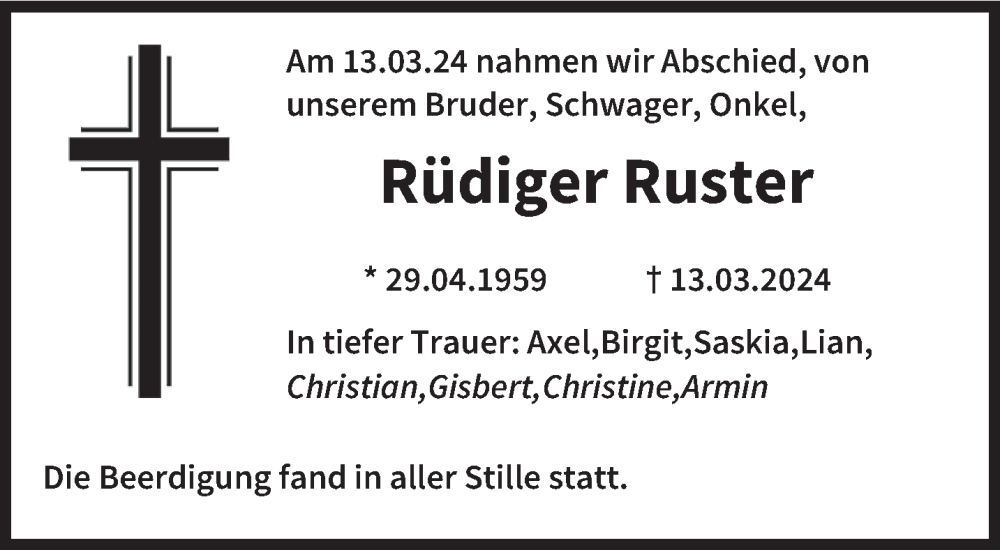  Traueranzeige für Rüdiger Ruster vom 20.04.2024 aus saarbruecker_zeitung
