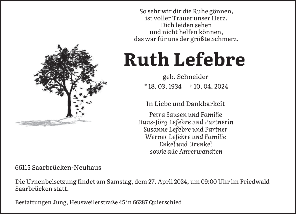  Traueranzeige für Ruth Lefebre vom 20.04.2024 aus saarbruecker_zeitung