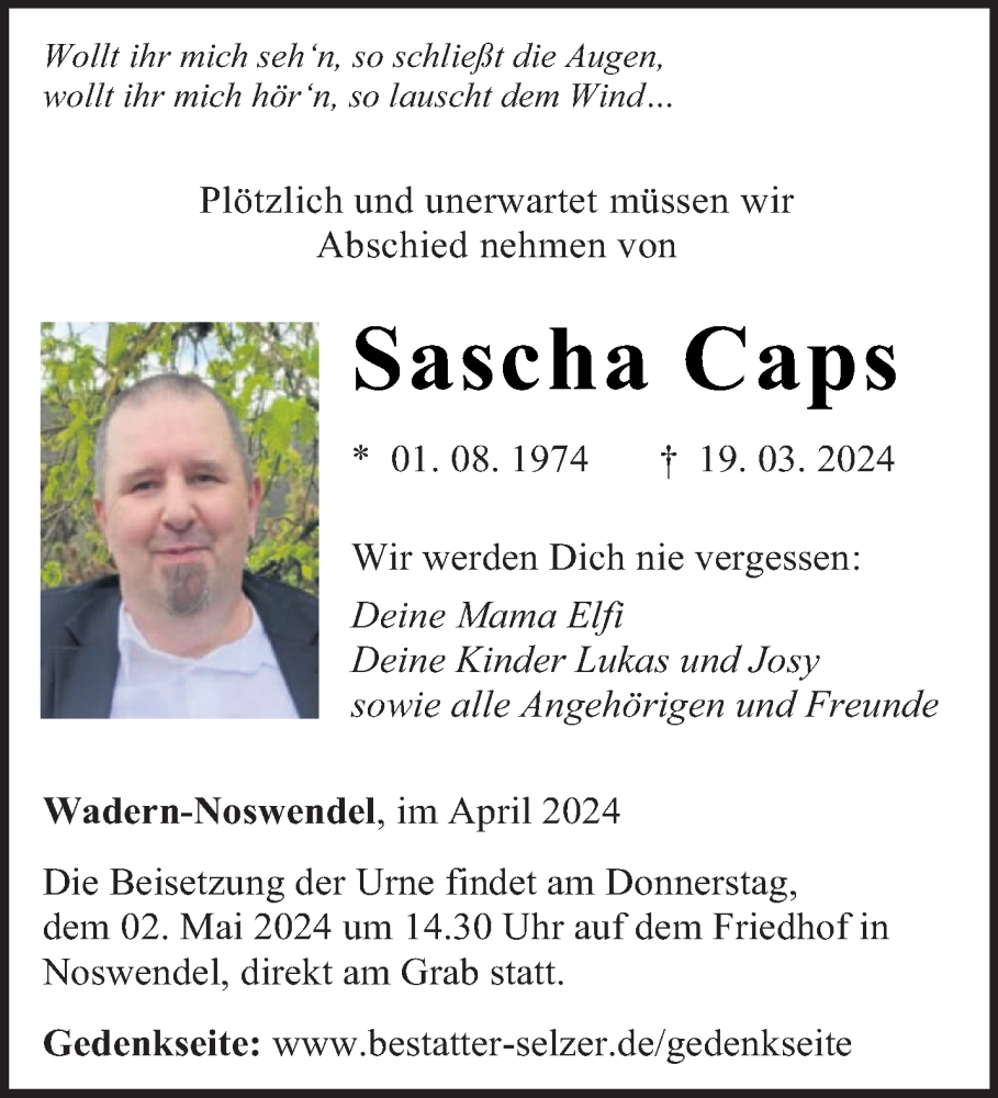  Traueranzeige für Sascha Caps vom 20.04.2024 aus saarbruecker_zeitung