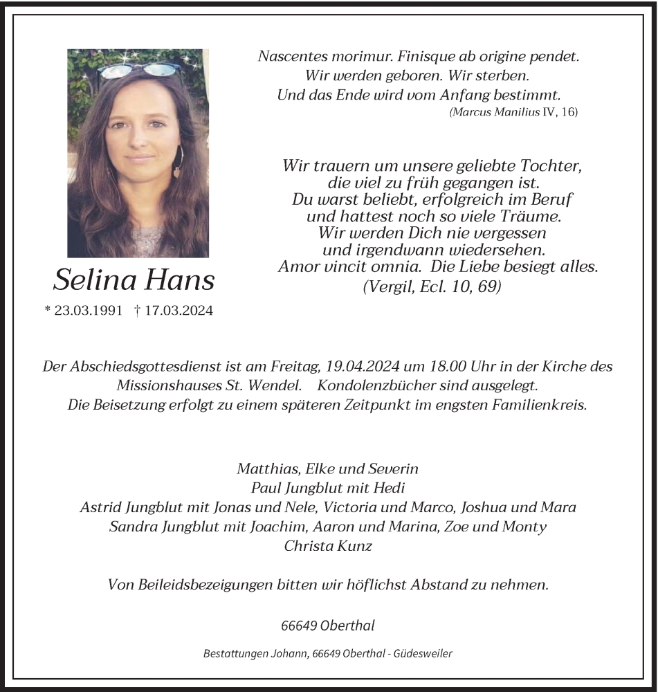  Traueranzeige für Selina Hans vom 13.04.2024 aus saarbruecker_zeitung