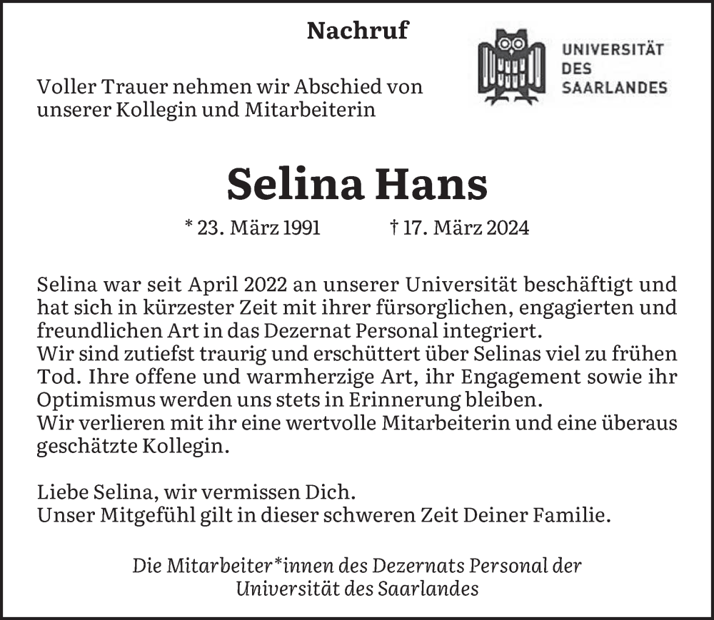  Traueranzeige für Selina Hans vom 20.04.2024 aus saarbruecker_zeitung