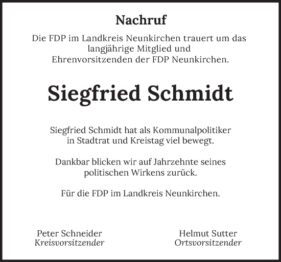 Traueranzeige von Siegfried Schmidt von saarbruecker_zeitung
