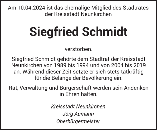 Traueranzeige von Siegfried Schmidt von saarbruecker_zeitung