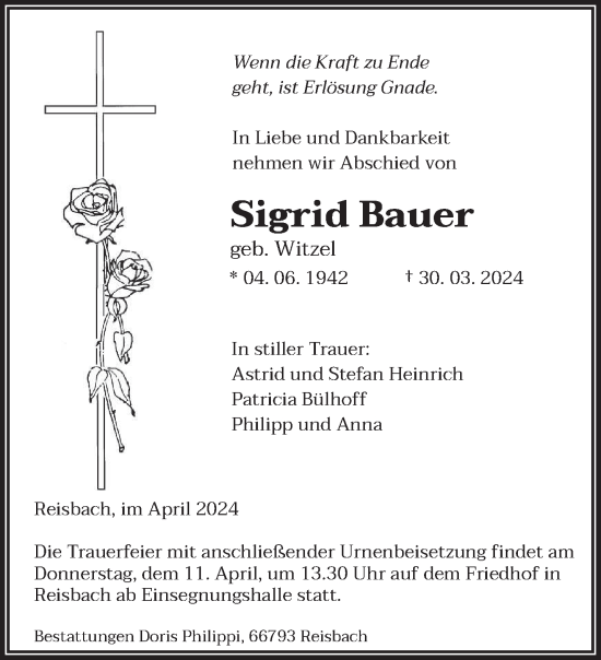 Traueranzeige von Sigrid Bauer von saarbruecker_zeitung