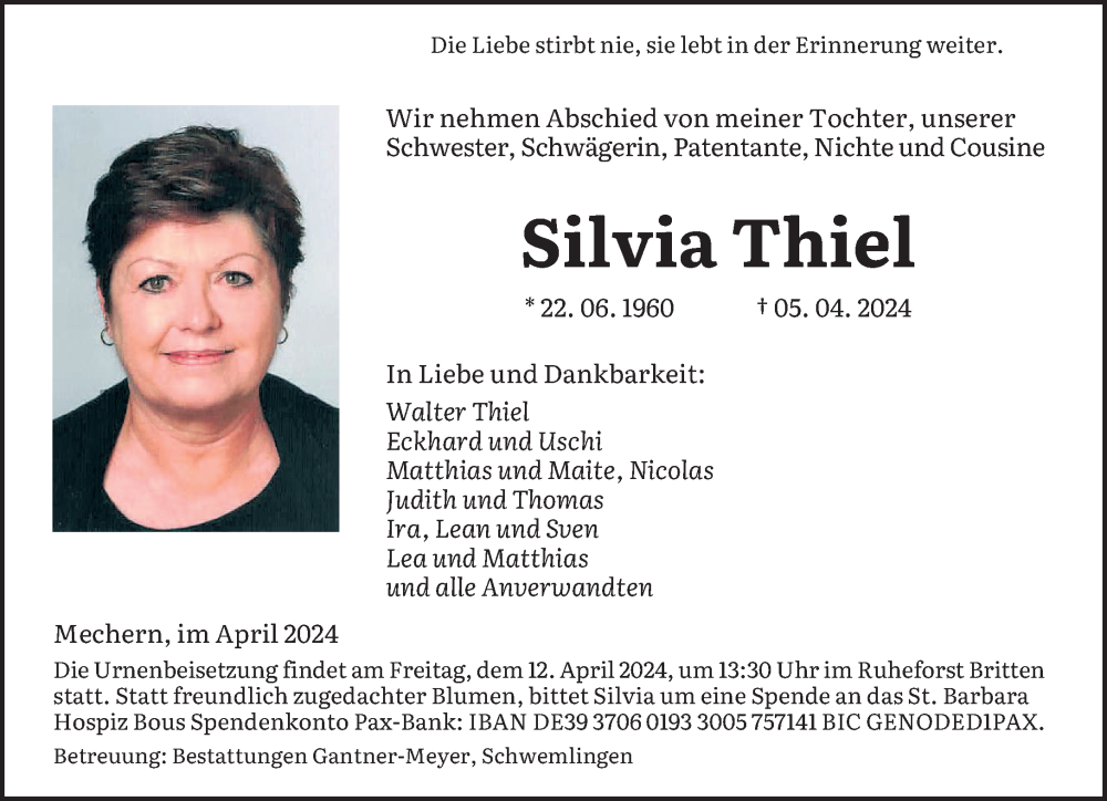  Traueranzeige für Silvia Thiel vom 10.04.2024 aus saarbruecker_zeitung