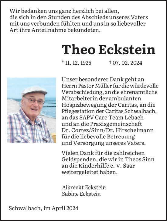 Traueranzeige von Theo Eckstein von saarbruecker_zeitung