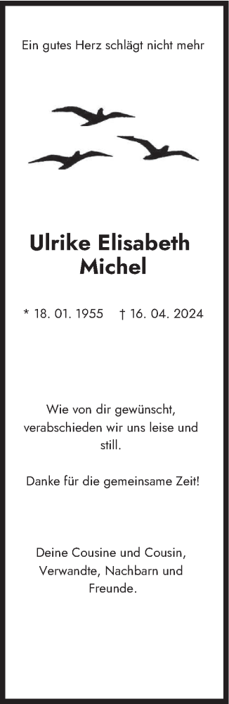  Traueranzeige für Ulrike Elisabeth Michel vom 23.04.2024 aus saarbruecker_zeitung