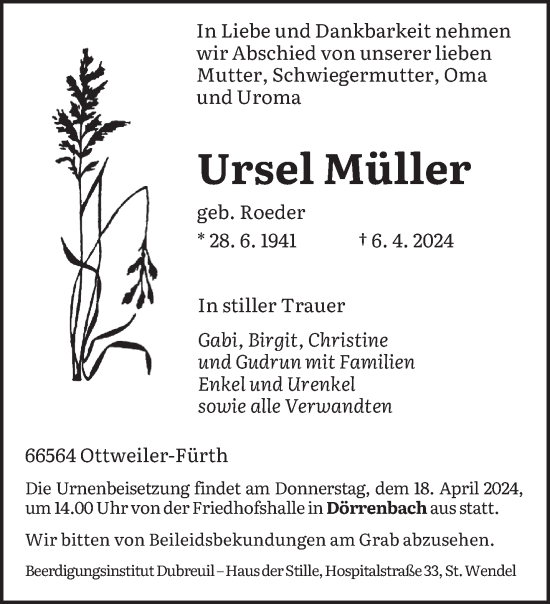 Traueranzeige von Ursel Müller von saarbruecker_zeitung