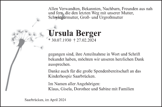 Traueranzeige von Ursula Berger von saarbruecker_zeitung