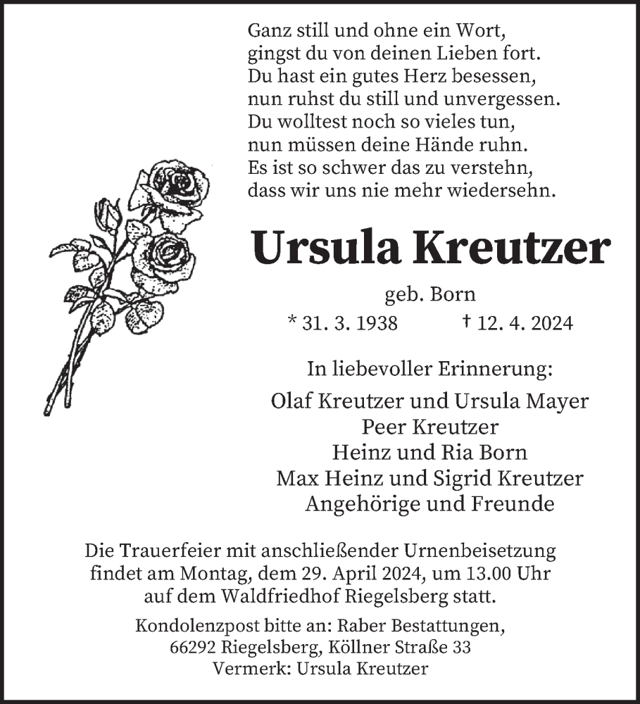  Traueranzeige für Ursula Kreutzer vom 20.04.2024 aus saarbruecker_zeitung