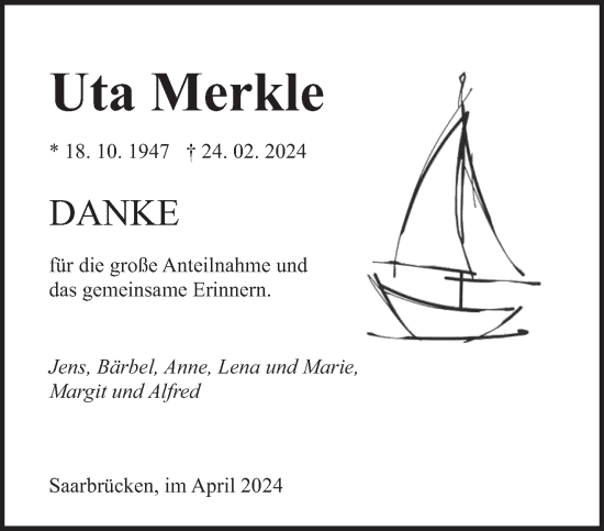 Traueranzeige von Uta Merkle von saarbruecker_zeitung