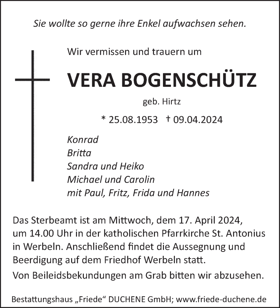  Traueranzeige für Vera Bogenschütz vom 13.04.2024 aus saarbruecker_zeitung