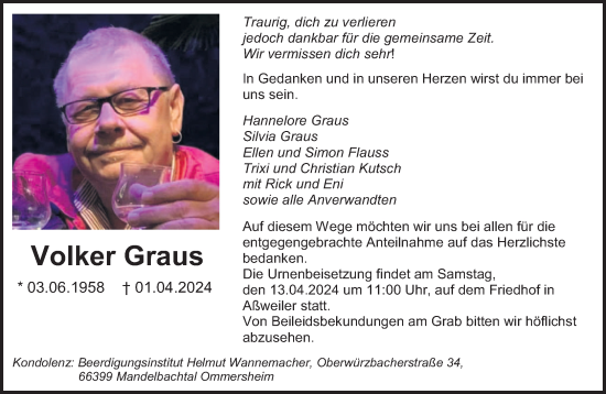 Traueranzeige von Volker Graus von saarbruecker_zeitung