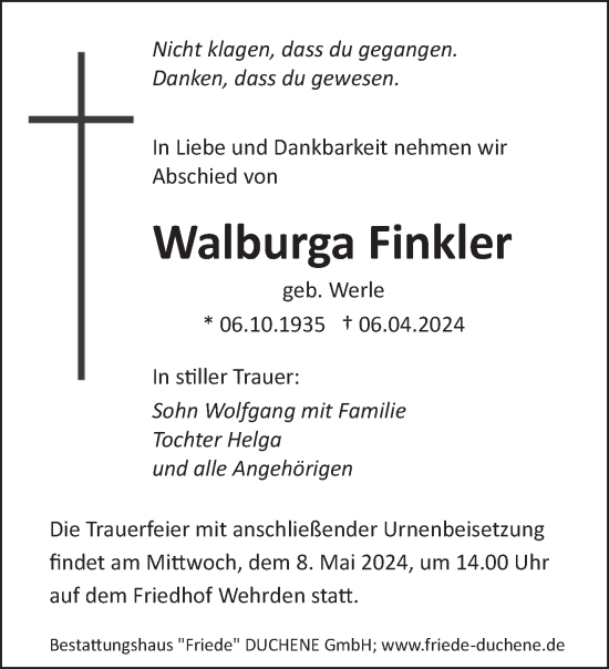 Traueranzeige von Walburga Finkler von saarbruecker_zeitung