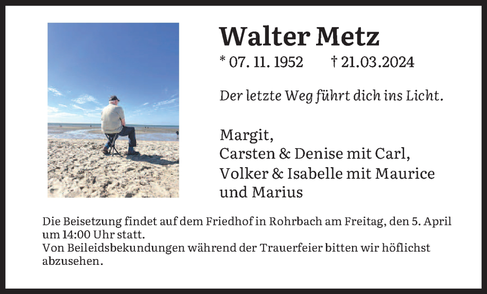  Traueranzeige für Walter Metz vom 03.04.2024 aus saarbruecker_zeitung