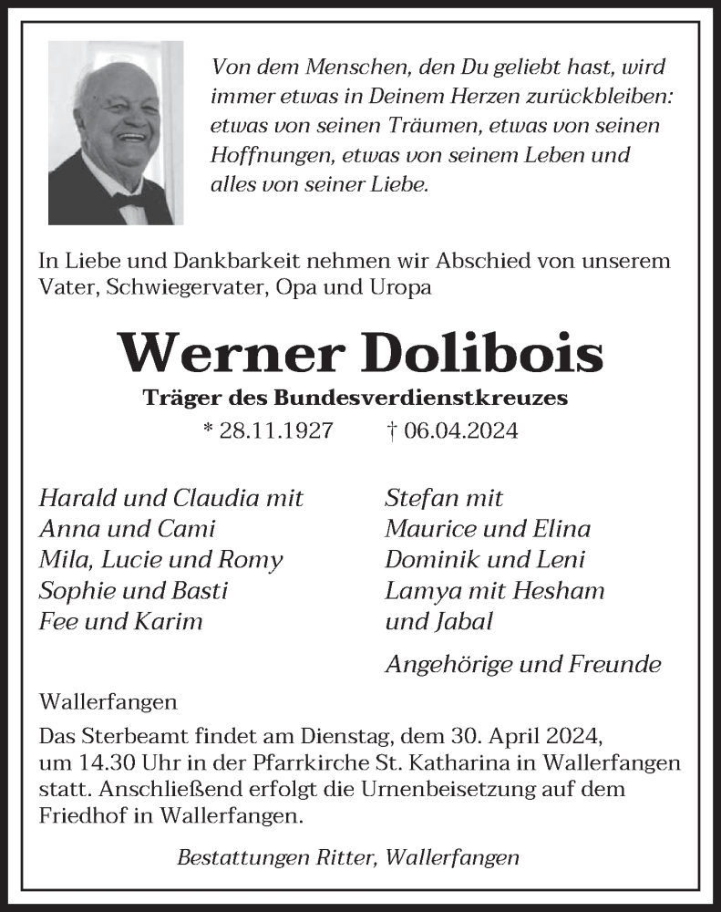  Traueranzeige für Werner Dolibois vom 24.04.2024 aus saarbruecker_zeitung