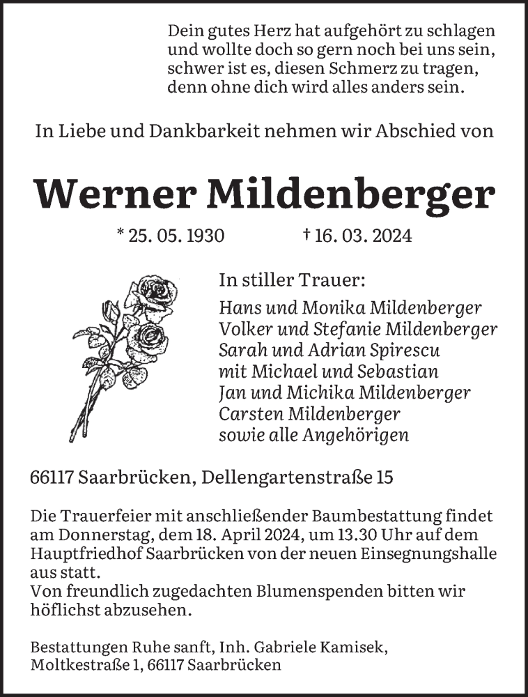  Traueranzeige für Werner Mildenberger vom 13.04.2024 aus saarbruecker_zeitung