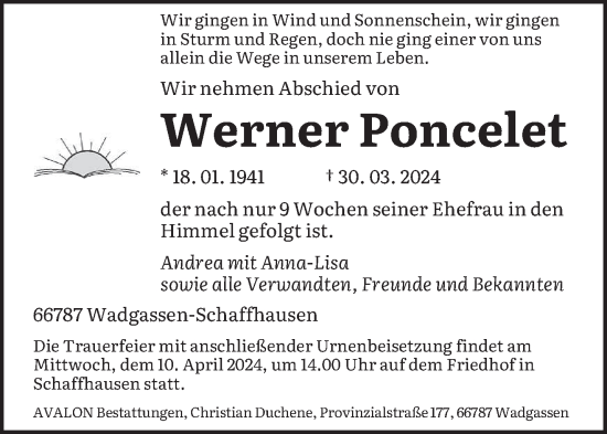 Traueranzeige von Werner Poncelet von saarbruecker_zeitung