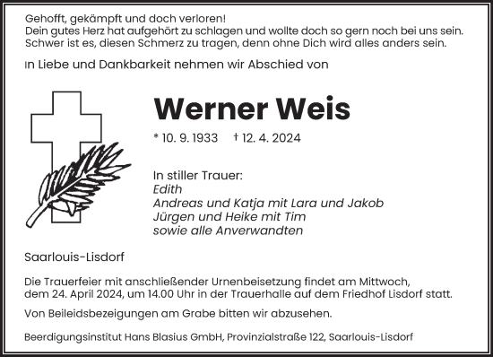 Traueranzeige von Werner Weis von saarbruecker_zeitung