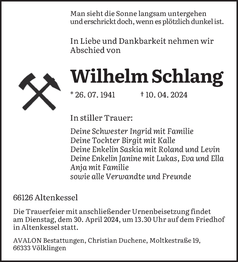  Traueranzeige für Wilhelm Schlang vom 20.04.2024 aus saarbruecker_zeitung