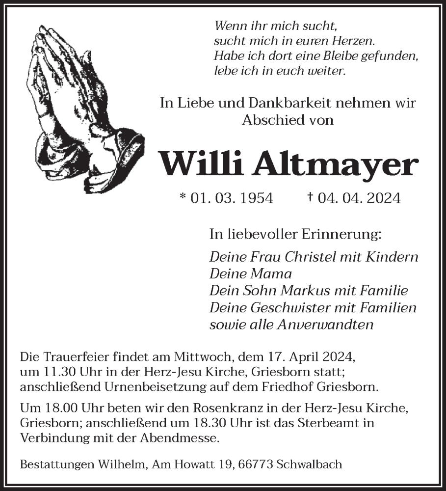  Traueranzeige für Willi Altmayer vom 13.04.2024 aus saarbruecker_zeitung