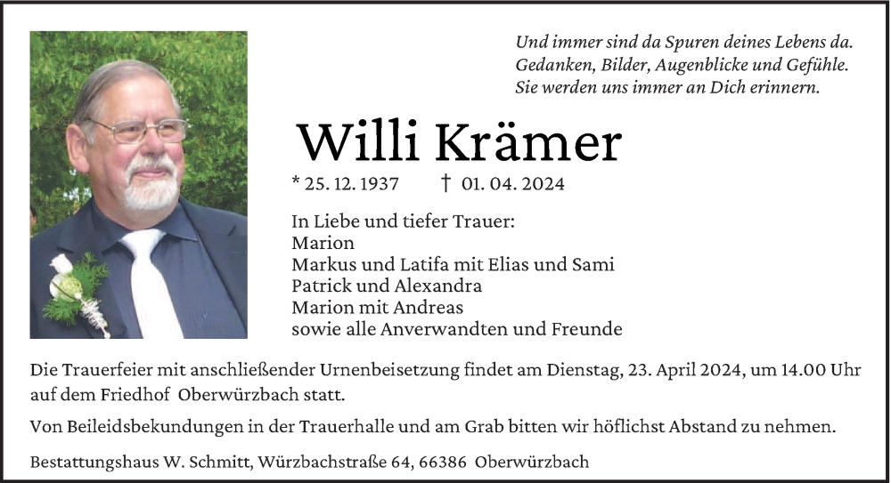  Traueranzeige für Willi Krämer vom 13.04.2024 aus saarbruecker_zeitung