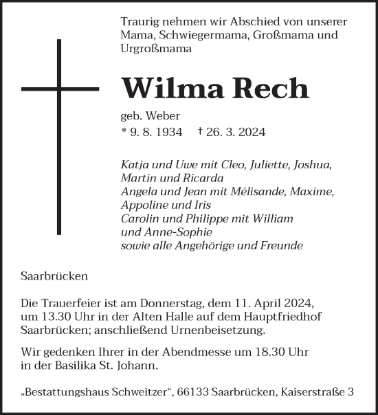 Traueranzeige von Wilma Rech von saarbruecker_zeitung