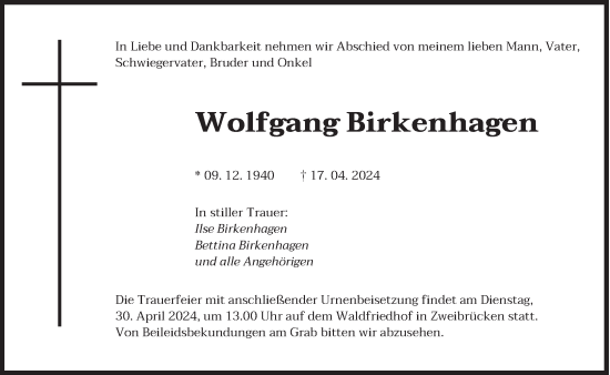 Traueranzeige von Wolfang  Birkenhagen von saarbruecker_zeitung