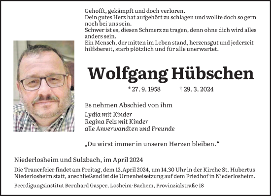 Traueranzeige von Wolfgang Hübschen von saarbruecker_zeitung