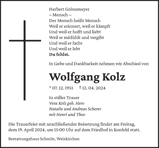 Traueranzeige von Wolfgang Kolz von saarbruecker_zeitung