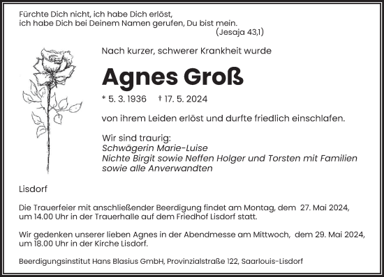 Traueranzeige von Agnes Groß von saarbruecker_zeitung