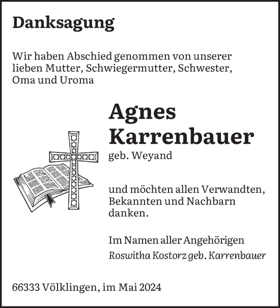 Traueranzeige von Agnes Karrenbauer von saarbruecker_zeitung